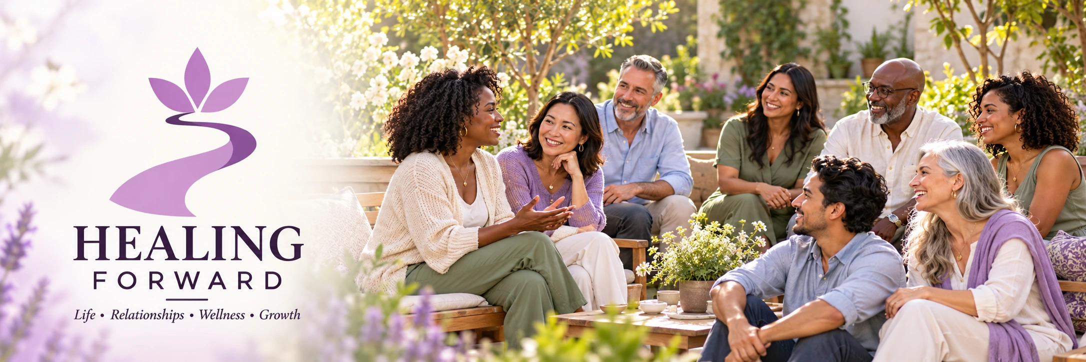 Healing Forward — Life, Relationships, Wellness, Growth — beside a welcoming community gathering
