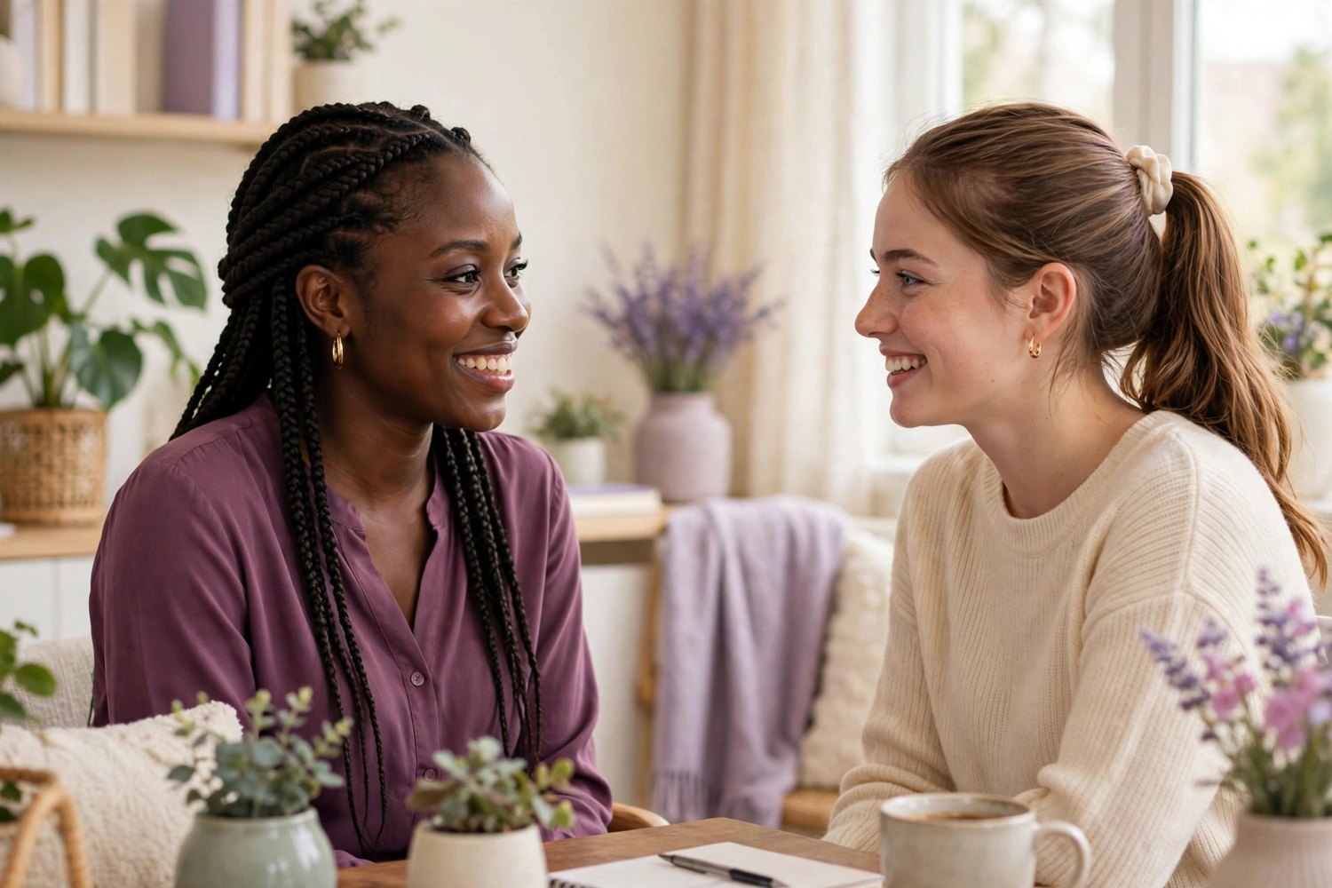 A coach and client in warm one-on-one conversation